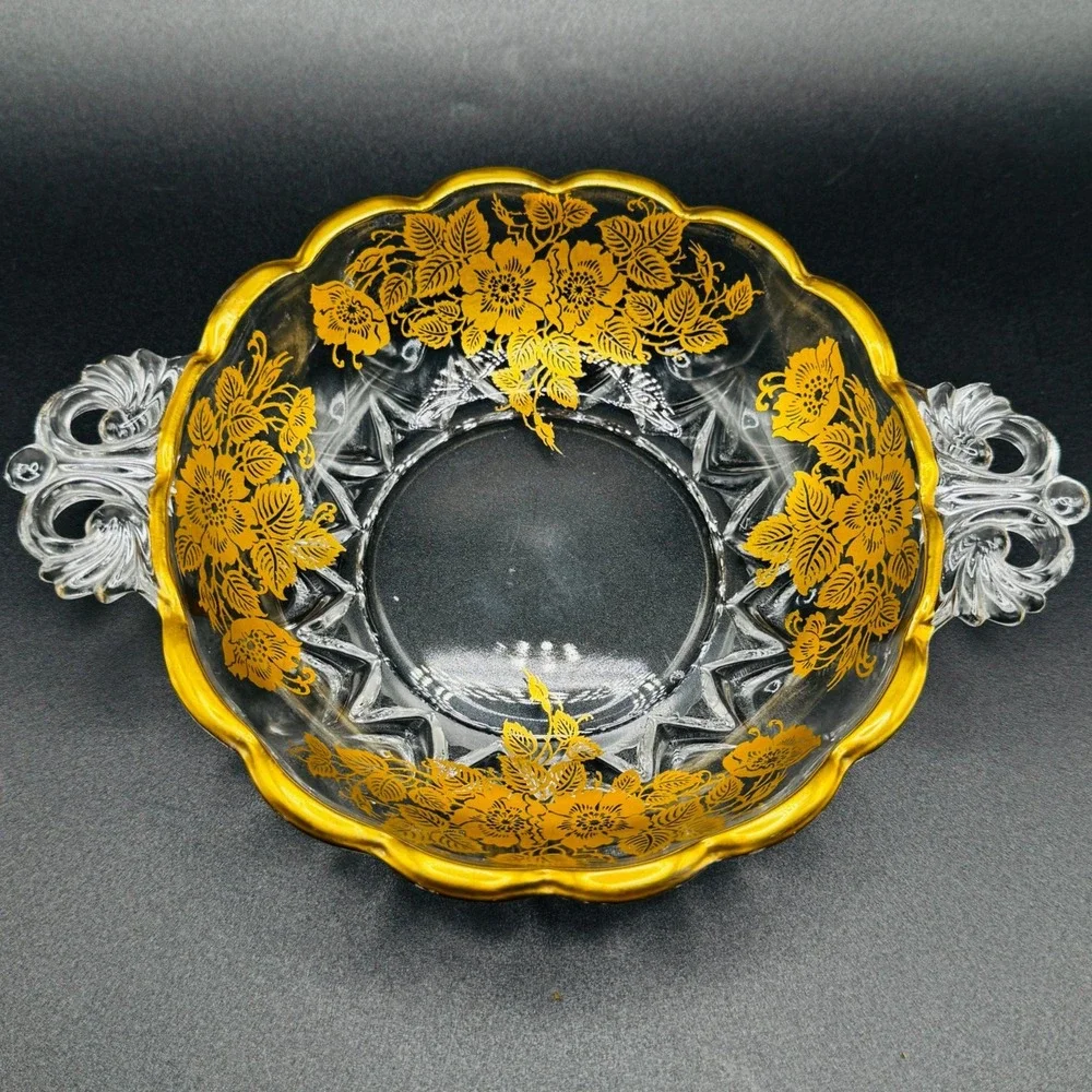 Vintage Gold Encrusted Floral Glass Candy Dish and Bonbon Bowl Hollywood Regency